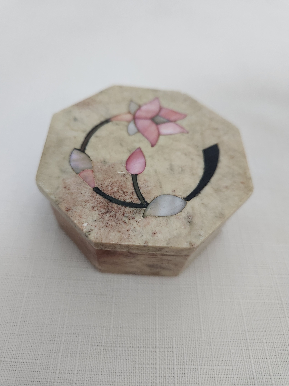 Stone Trinket Box with Pink Floral Inlay-Octagon Shape